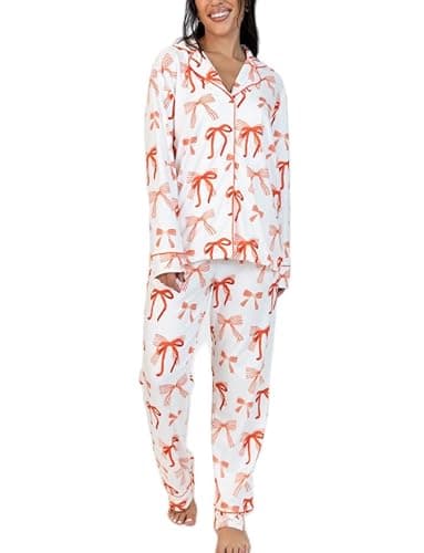 Image of SOOKABEILA Women Y2k Pajama Set 2 Piece Print Lounge Sets Long Sleeve Button Shirt Elastic Pants Sleepwear Matching Sets, White, S
