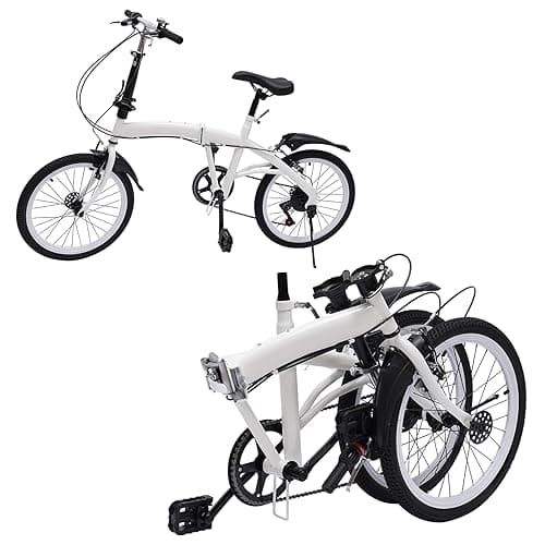 Image of WSIKGHU 20 Inch Adult Folding Bike 7 Speed Compact City Commuter with Double V Brake, Carbon Steel Frame, Height Adjustable, White, Front and Rear Fenders