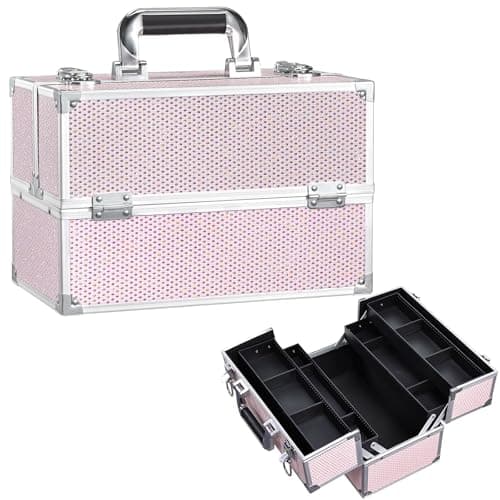 Image of Stagiant Large Makeup Case Make up Organiser Vanity Case Professional Lockable Storage Box Nail Polish Organiser 4 Trays, Pink