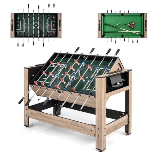 Image of COSTWAY 2 in 1 Multi Game Table, Swivel Football & Pool Combo Table with 2 Foosballs, 2 Cue Sticks, Triangle & Box of Billiard, Indoor Arcade Game Tables for Home Party (Grayish Brown, 124x60.5x81cm)