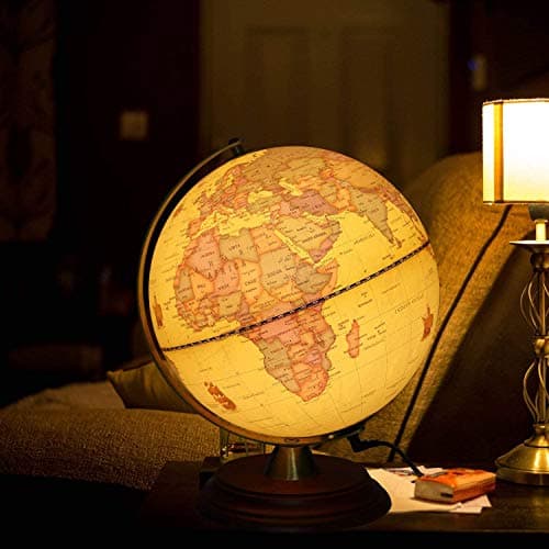 Image of TTKTK Illuminated World Globe for Kids with Wooden Stand,Built in LED for Illuminated Night View Antique Globe lamp for Kids Home Décor and Office Desktop