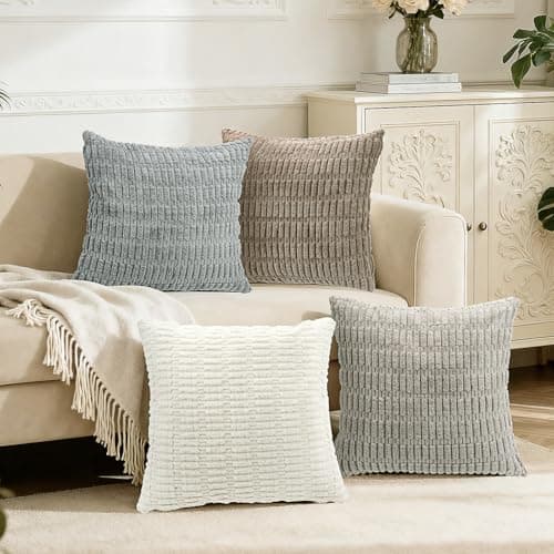 Image of Hibate Neutral Corduroy Cushion Covers 45 x 45 cm Set of 4 Boho Decorative Square Throw Pillow Covers 18x18 Inch for Home Bohemian Decor Living Room Bedroom Sofa Couch