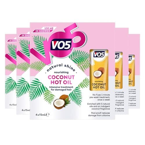 Image of VO5 Nourishing Coconut Hot Oil Natural Shine and Intensive Pre Wash Treatment for Dry and Damaged Hair Reduces Breakage from Brushing also Suitable for Colour-Treated Hair, 4x15ml (Buy 5)