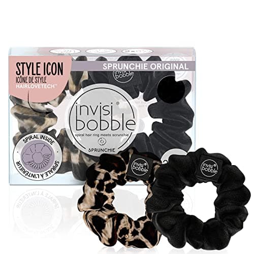 Image of invisibobble Sprunchie Spiral Hair Ring - True Black and Purrfection- 2 Pack- Scrunchie Stylish Bracelet, Strong Elastic Grip Coil Accessories for Women - Gentle for Girls Teens and Thick Hair
