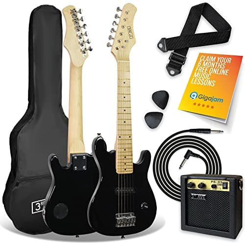 Image of 3rd Avenue 1/4 Size Kids Electric Guitar Pack for Junior Beginners - 6 Months FREE Lessons, 5W Portable Amp, Cable, Bag, Picks and Strap - Black