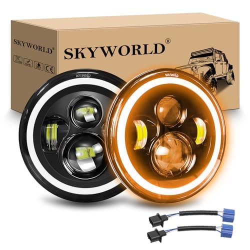 Image of SKYWORLD 2PCS 7 inch LED Headlight, Round LED Projector Headlight with Amber Halo Turn Signal White DRL High/Low Beam 4 LEDs Angle Eyes Compatible with Wrangler JK LJ CJ TJ Motorbike Motorcycle