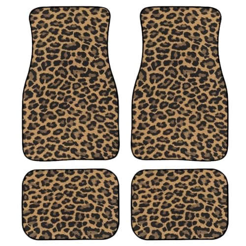 Image of LONSANT Brown Leopard Print Car Floor Mats Set of 4,Cheetah Wild Leopard Animal Striped Print Vehicle Front Rear Carpets Mats Universal Car Rugs Cute Animal Skin Pattern Car Accessories for Car Truck