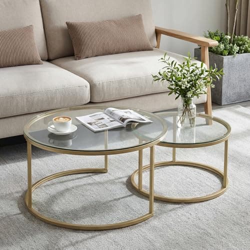 Image of buybyroom Round Nest of Tables Set of 2, Round Coffee Table for Living Room, Gold Coffee Table, Suitable for Living Room, Bedroom and Balcony, Tempered Glass Tabletop, Golden Frosted Iron Frame, Gold