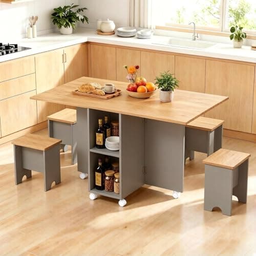 Image of Warmiehomy 5 Piece Folding Dining Table and Chairs Set, Wooden Drop Leaf Dining Table with Storage Shelves & 6 Wheels and Kitchen Stools Set of 4 for Compact Apartment Home Living Room, Wood+Grey