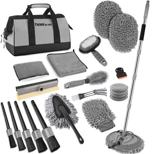 Image of THINKWORK Car Wash Kit, Car Washing Brush with Long Handle, Extendable Car Wash Mop with 2-in-1 Windshield Squeegee and 9Pcs Detailing Brushes, Gray Car Detailing Kit Gift for Men