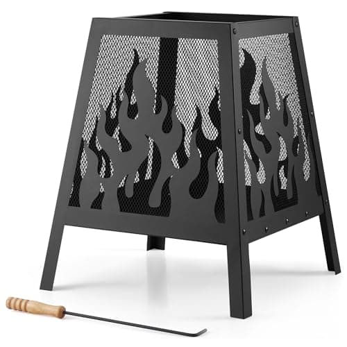Image of VonHaus Fire Pit – Firepit for Outdoor, Garden, Patio – Portable & Lightweight with Flame Design, Black Steel, Fire Poker & Mesh Guard Included – Use Wood or Charcoal to Fuel