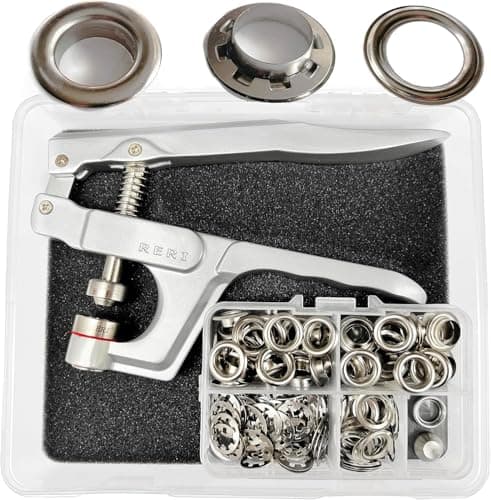 Image of 10 mm Eyelet Pliers Eyelet Set with Tool Silver Grommet Advertising Eyelet Set with Grommet Adjustment Tool for Fabrics, Canvas, Tarpaulins, Awnings, Tents, Banners and Outdoor Advertising (Silver