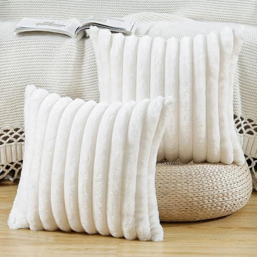 Image of Madizz Set of 2 Faux Fur Decorative Cushion Covers 22x22 inch, 55x55 cm, Cream Soft Couch Throw Pillows for Bed Modern Pillowcases for Sofa Livingroom Home Decor