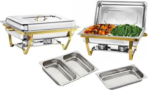 Image of 9.5L Chafing Dish Set for Buffet 1X – Stainless Steel Food Warmer with 1 Full & 2 Half Pans, Lids, Water Pan, Foldable Gold Frame, Fuel Holders – Perfect for Parties, Catering & Holiday Events