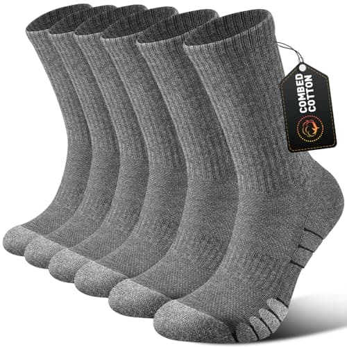 Image of Niorasen 6 Pairs Mens Sports Socks, Combed Cotton Mens Work Socks with Cushioned Bottom, Outdoor Crew Athletic Sock for Hiking, Walking, Running, Cycling, Grey, 6-8