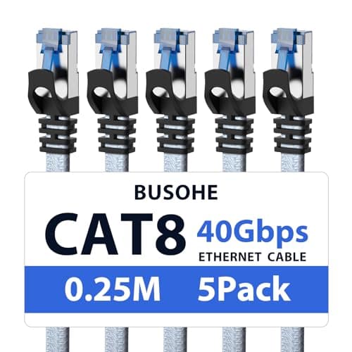Image of BUSOHE Cat 8 Ethernet Cable 0.25m (5 Pack), High-Speed 40Gbps 2000MHz Network Cable Braided Flat Gigabit Rj45 STP Shielded Internet Network Lan Cable Cord Compatible with PC, Laptop, Routers, Modem