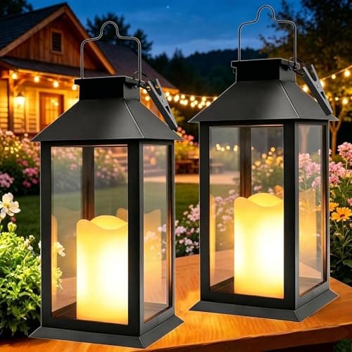 Image of Yowin Solar Lanterns for Outside 2 Pack 22cm Tempered Glass Hanging Solar Lights Outdoor Garden with Flickering Candle, Waterproof Outdoor Lanterns for Patio Pathway Balcony Mother Gift Decorations
