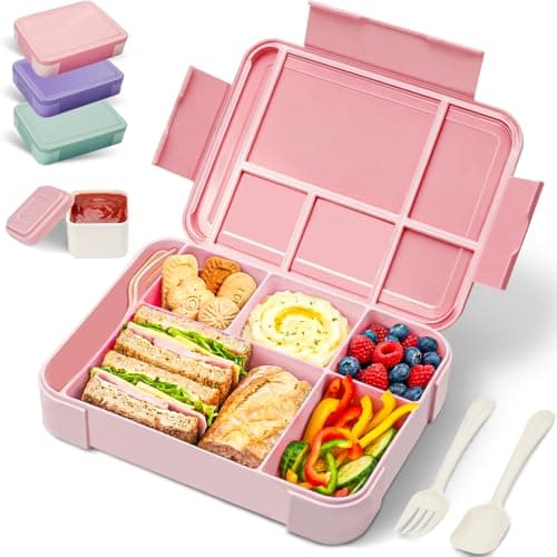 Image of BIBURY Lunch Box Kids Adults, Leakproof Bento Box Lunchbox with 5 Compartments & Sauce Pot & Cutlery, BPA Free, Microwave Dishwasher Safe Snack Box Sandwich Box for School Boys Girls, 1.3L (Pink)