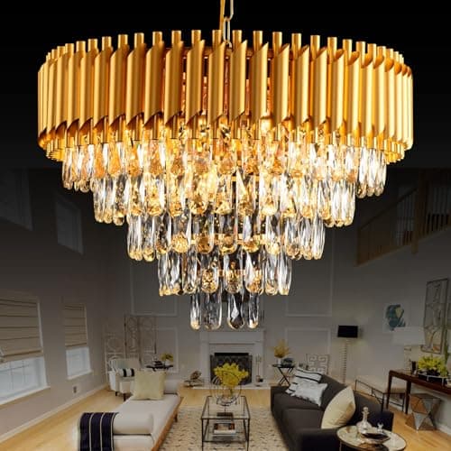 Image of MSSIAN Gold Modern Crystal Chandeliers 5-Tier K9 Round Light Fixture Gold Crystal Chandeliers Ceiling Light Fixture for Dining Room Living Room Bedroom Entryway E14*12Light