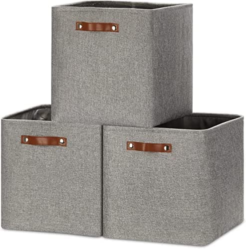 Image of Mangata Collapsible Storage Cube Boxes, 28CM Cube Linen Woven Fabric Storage Baskets with Leather Handles 3PCS(Grey)