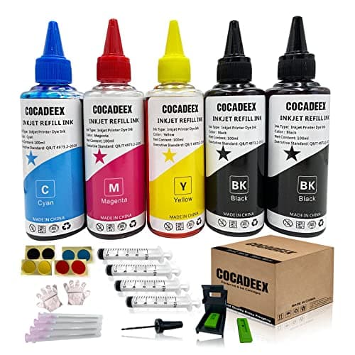 Image of COCADEEX Ink Refill Kit Compatible with Hp Ink Cartridges 307XL 305XL 650XL 351XL 350XL 300XL 901XL 62XL 21XL 22XL Series, 5 Bottles Ink with Refill Tools (2BK 1C 1M 1Y)