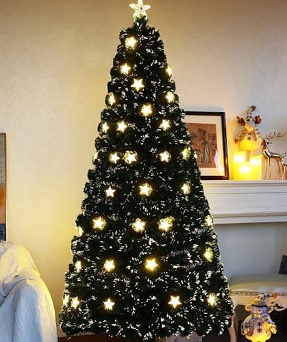 Image of Asinse 6ft Pre-lit Fiber Optic Artificial Christmas Tree, 250 Green PVC Tips with Golden Stars, Warm White LED Lights with 8 Modes, Golden Star Topper, Holiday Decor (6ft/180cm)