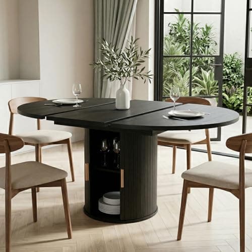 Image of SJPVPYB Extendable Round Dining Table for 4-6 Seater, Folding Wooden Dinner Table, Farmhouse Oak Kitchen Table with Storage Shelves for Dining Room Living Room, Rustic Black (Black Cylindrical Base)