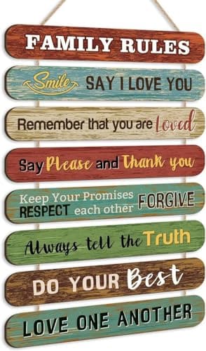 Image of HPNIUB Rustic Family Rules Signs Wall Decor(2"x12"),Inspirational Wall Art for Family for Bathroom Living Room Dinging Room Bedroom Entryway Deocr