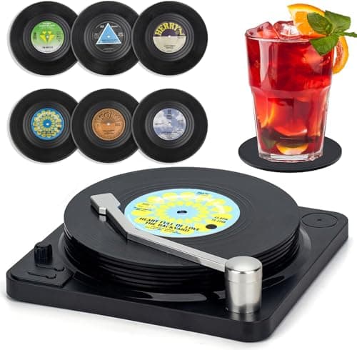 Image of Litensh 6pcs Retro CD Vinyl Record Coasters with Player, Non-Slip Rubber Round Drink Mats Music Coasters Set of 6 for Drinks Bars Cafes Home Party Office Gifts for Music Lovers and Birthday Gifts M2