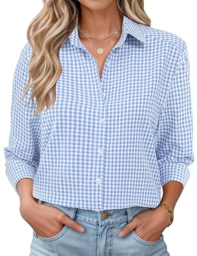 Image of Rapbin Ladies Tops V Neck Blouse Button Long Sleeve Office Shirts Business Casual Irregular Hem Shirt Blue Plaid XXL(UK 20-22)