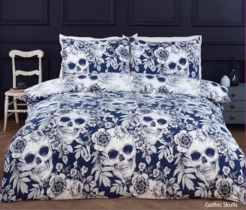 Image of Rapport Home Gothic Floral Skull Bedding Set | Reversible microfibre Duvet Cover & Pillowcases | Double Bed Size for Unique Bedroom Decor | Navy Blue and White