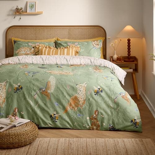 Image of furn. Meadow Flora Duvet Cover Set – Reversible Cotton Blend Easy Care Woodland Floral Animals Bedding (Green - Super King)