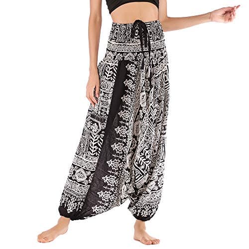 Image of Nuofengkudu Ladies Harem Trousers Patterned Off The Shoulder Jumpsuit Loose Romper High Waist Drop Crotch Pants Fisherman Summer Beach Loungewear(Black Fish,One Size)