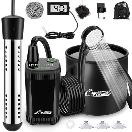 Image of WADEO Portable Shower, [Heating Water Function] [Upgraded Stable 20L Collapsible Bucket] Camping Shower Pump, Rechargeable Shower Kit for Travel, Pet, Car, Emergency