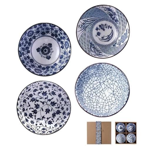 Image of NBOUOU Porcelain Dessert Cereal Pasta Bowls Set of 4, Japanese Gifts Style Ceramic Serving Bowls, Small Soup Bowl 10 Oz, for Rice Bowl, Ice Cream, Dinner (Blue and White Porcelain)