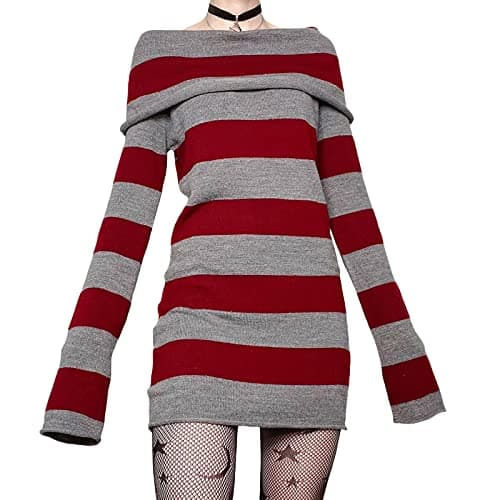 Image of FeMereina Women Gothic Off Shoulder Mini Dress Aesthetic Long Sleeve Stripe Bodycon Short Dress Sexy Wrap Ribbed Knit Sweater Dress (Red, L)