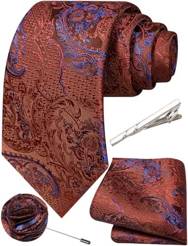 Image of Ailisus Rust Ties for Men Paisley Silk Woven Necktie and Pocket Square Lapel Pin Tie Clip Set for Wedding Party Business