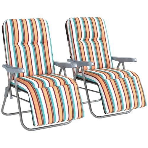 Image of Outsunny Reclining Garden Chair Set of 2, 5-Level Adjustable Zero Gravity Chairs with Cushions, Folding Sun Lounger Garden Recliner Chairs with Armrests for Outdoor, Patio, Multicoloured
