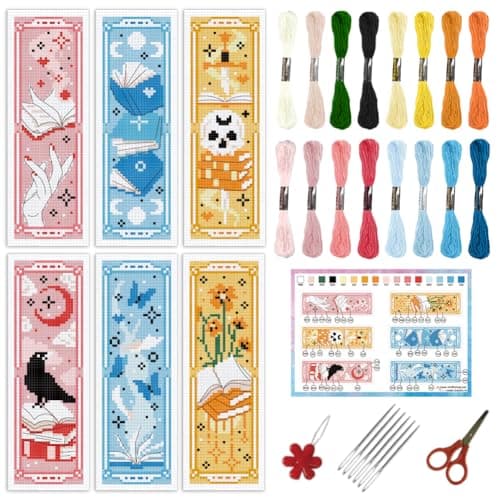 Image of INFUNLY 6pcs Books Cross Stitch Bookmark Kit for Beginners DIY Butterfly Flower Stamped Embroidery Bookmark Kits Moon Bird Needlepoint Kit with Instruction Easy Cross Stitch Set for Book Lovers Reader