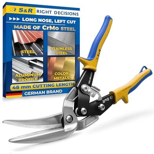 Image of S&R Tin Snips Left Cut 280 mm – Continuous Sheet Metal Shears | Heavy-Duty CrMo Steel Blades, Induction Hardened 60–62 HRC | Ergonomic Non-Slip Handles, Safety Lock, 48 mm Cutting Capacity