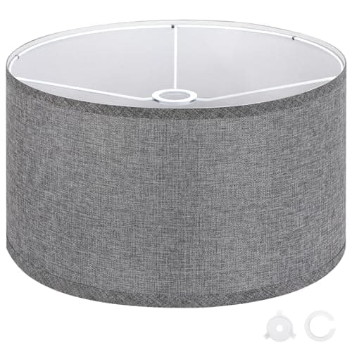 Image of OUTON Grey Large Drum Lamp Shades for Floor Lamps, 16" Top x16 Bottom x 9" High, Easy to Assemble, Floor Lamps & Torchieres, Replacement Linen Lampshades for Bedside Lamp (1.65" Spider)