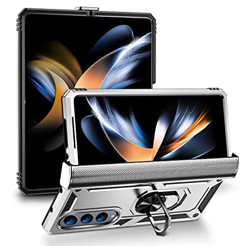 Image of Asuwish Phone Case for Samsung Galaxy Z Fold 3 5G 2021 with Cover and Stand Ring Holder Hard Shockproof Magnetic Heavy Duty Gaxaly ZFold3 Z3 Fold3 3Z ZFold35G Women Men Silver