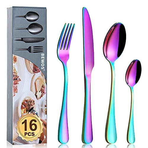 Image of Cutlery Set, BEWOS 16-Piece Stainless Steel Flatware Set, Tableware Silverware Set with Rainbow Spoon Knife and Fork Set, Service for 4, Dishwasher Safe/Easy Clean, Mirror Polished
