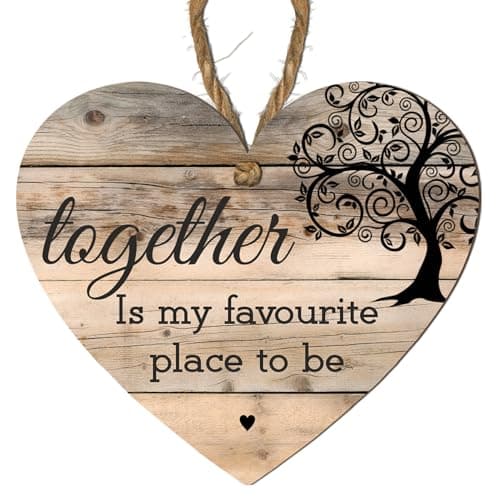 Image of Wooden Heart Plaque – “Together is My Favourite Place to Be” – Hanging Sign with Tree Design – Decor for Home or Gift for Couples, Anniversary, or Valentine’s Day (Small: 10 cm (H) × 9 cm (W))