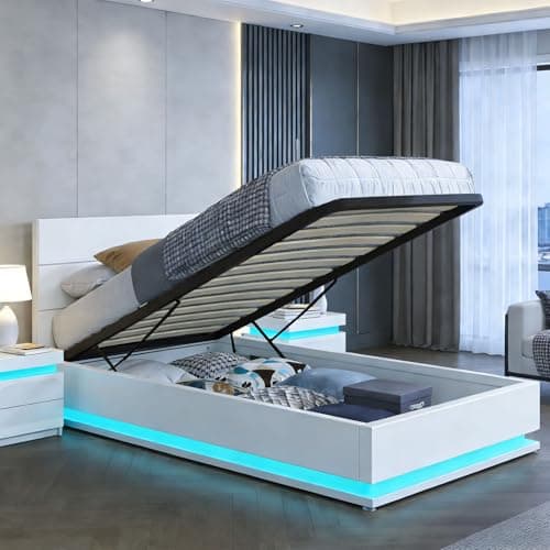 Image of BESTWANTED Gas Lift Ottoman Storage Bed,3FT Single Bed Frame with Storage, Ottoman Bed with LED Lights, Faux Leather, Black (White, Single)