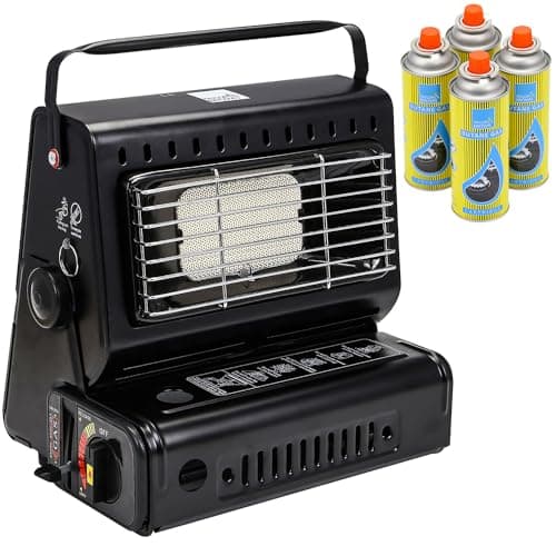 Image of Taylor & Brown 2in1 Portable Gas Heater & Stove + 4 Butane Gas Bottles Canisters - For Outdoor, Camping, Fishing & Caravan - Emergency, Safety Grill, Auto Ignition, Carry Handle & Temp Control