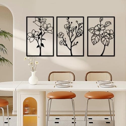 Image of YiYa 3 Pcs Black Metal Wall Art Metal Flower Wall Decor Floral Line Hanging Wall Sculpture Minimalist Line Art Modern Aesthetic for Home Bedroom Kitchen Living Room(Lily)