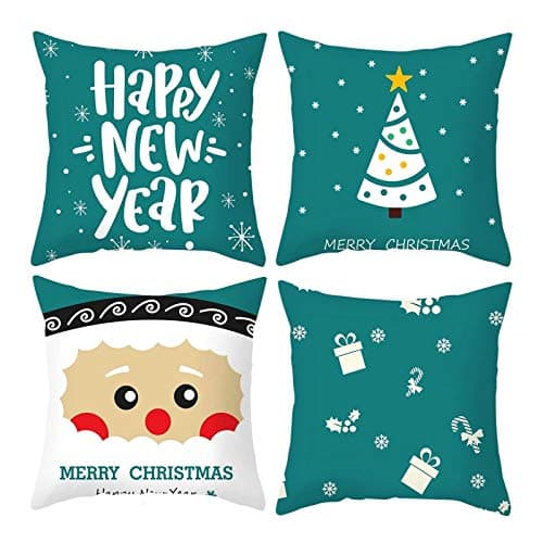Image of Homxi Cushion Covers 45x45 Set of 4,Polyester Cushion Covers Tree Snowman Happy New Year Christmas Cushion Cover Blue Green White