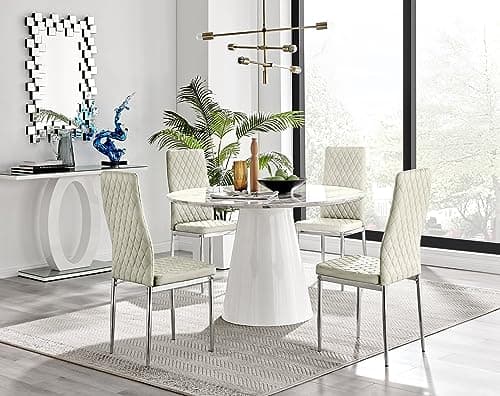Image of Furniturebox UK Palma White Marble Effect Round Dining Table & 4 Cream Velvet Milan Chairs