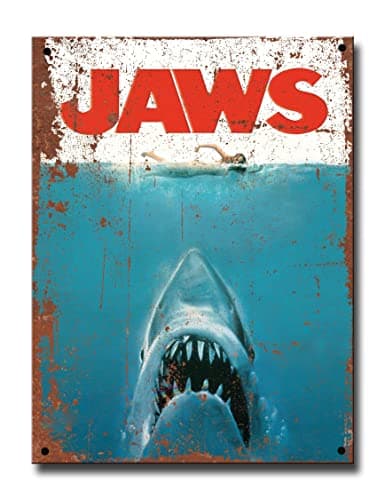 Image of Jaws Film Rustic Metal Tin Sign Vintage Style Movie Picture Poster Merchandise for Cinema Room ideas or Funny Bathroom Hot Tub Home Cinema Accessories Man Cave Gift Gifts 20cm x 15cm